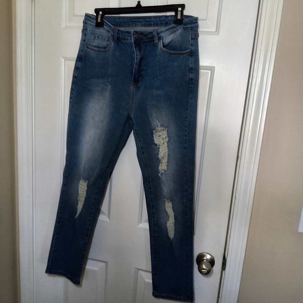 Distressed Denim Jeans Ripped Stretch Slimming‎ Blue Wash Size 13